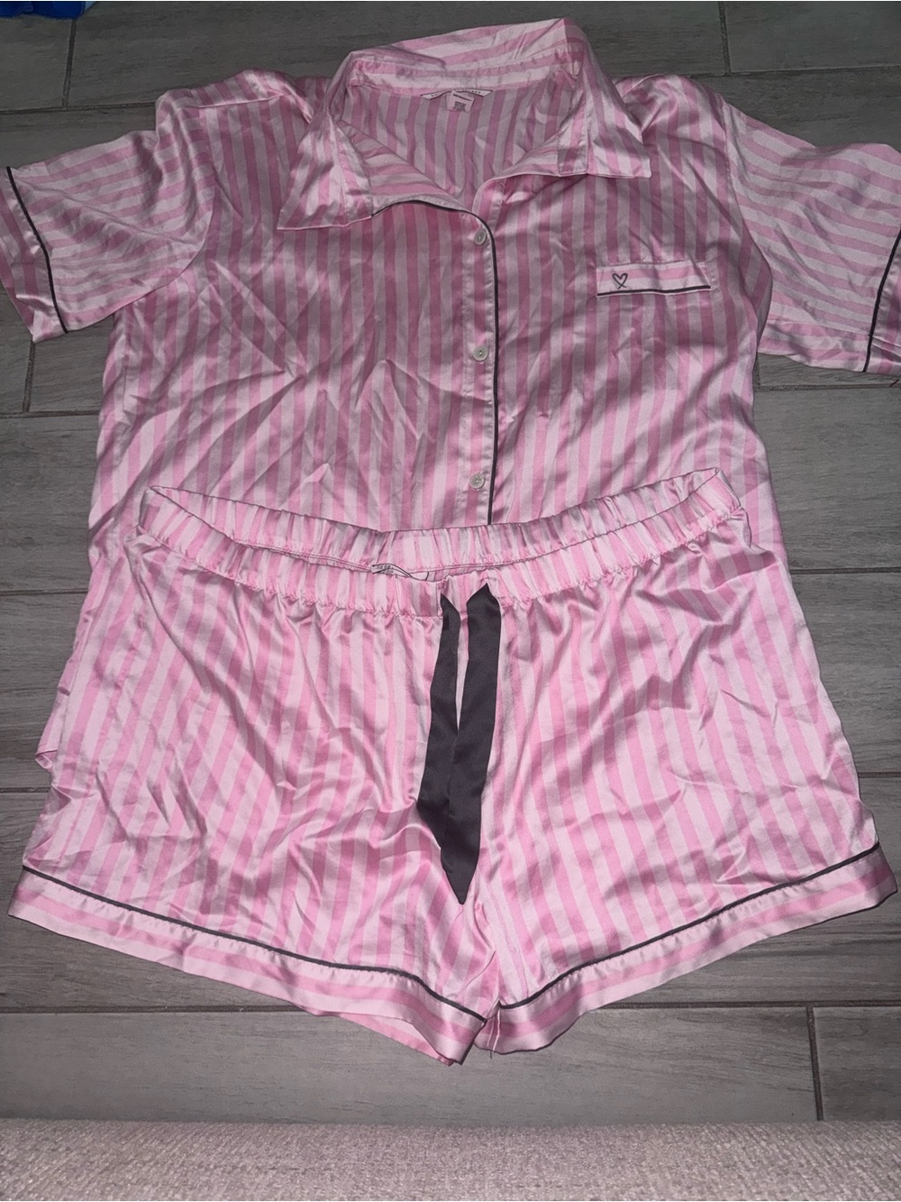 Victoria's Secret Pink Striped Satin Short Pajama Set with Black Trim